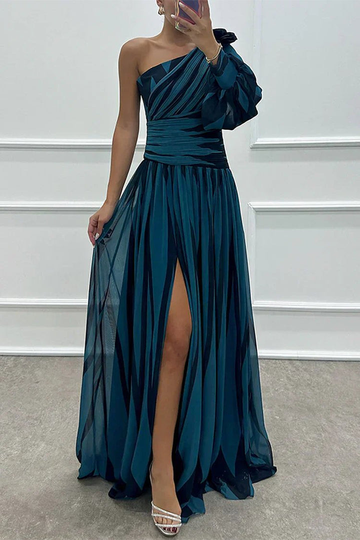 Women's Asymmetric Maxi Dress | One Shoulder Wedding Guest Ruffle Sleeve Full