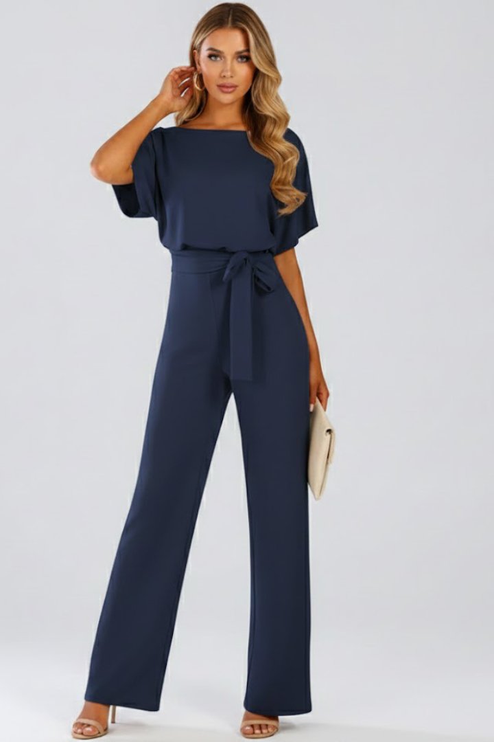 Women's Batwing Sleeve Jumpsuit | Belted Wide Leg Full Length Back