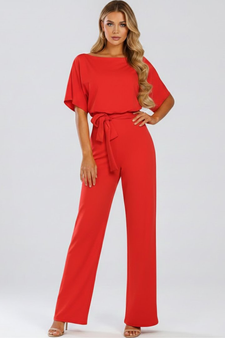 Women's Batwing Sleeve Jumpsuit | Belted Wide Leg Full Length Close Up