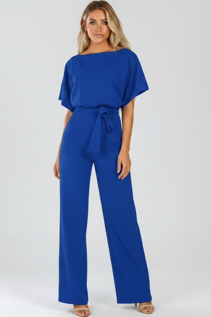 Women's Batwing Sleeve Jumpsuit | Belted Wide Leg Full Length Side