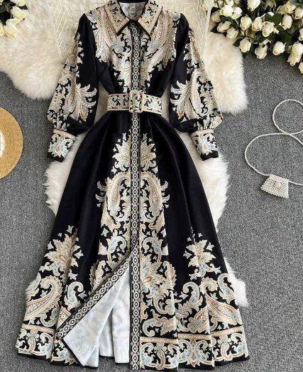 Women's Belted Abaya Maxi Dress | Paisley Embroidered Flared Sleeves Front