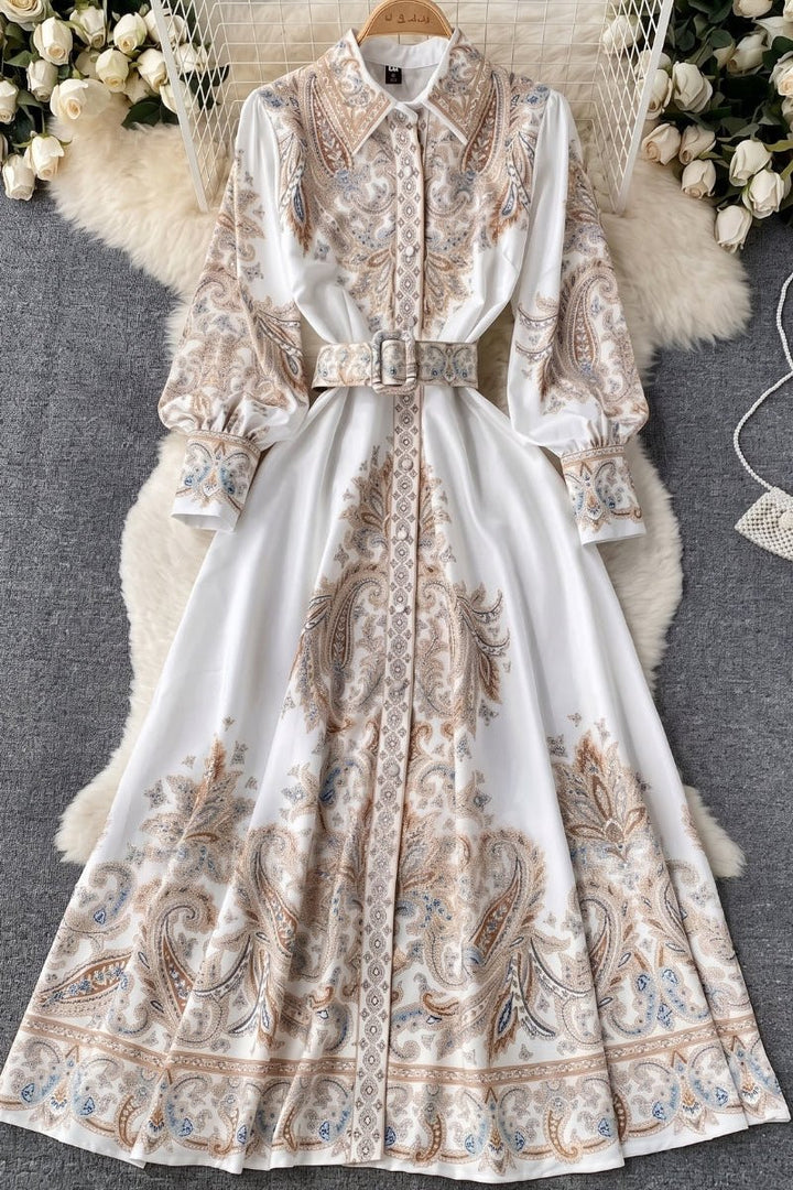 Women's Belted Abaya Maxi Dress | Paisley Embroidered Flared Sleeves Hero