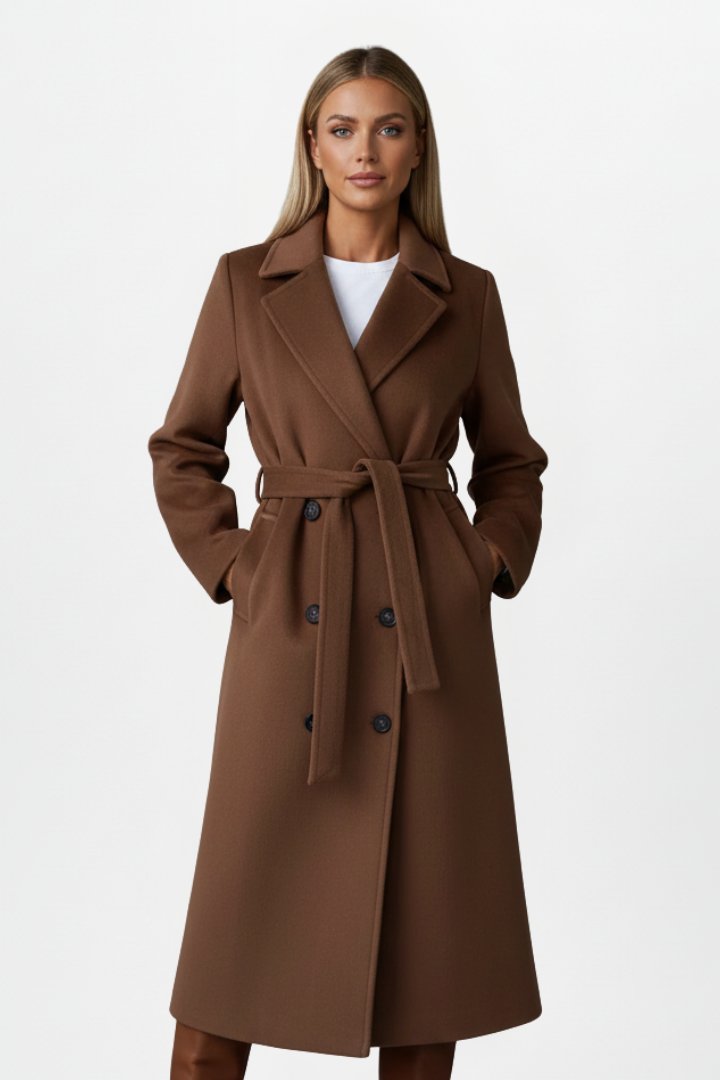 Women's Belted Double-Breasted Long Coat | Storm Flap Pocket Angle
