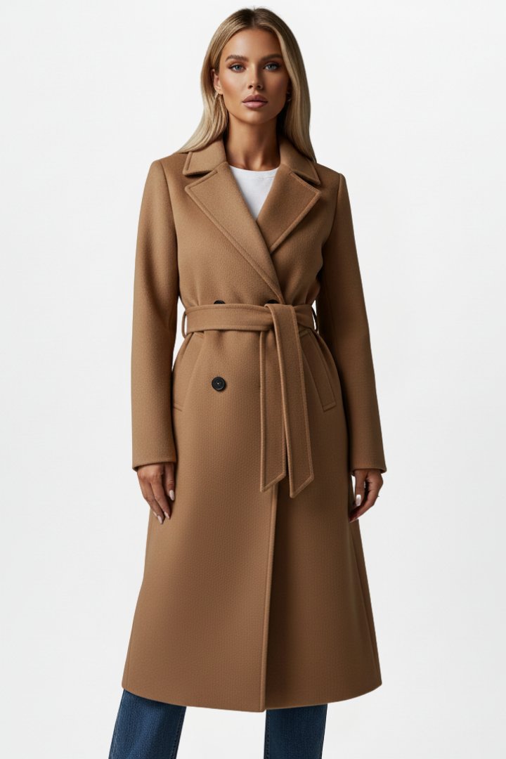 Women's Belted Double-Breasted Long Coat | Storm Flap Pocket Close Up