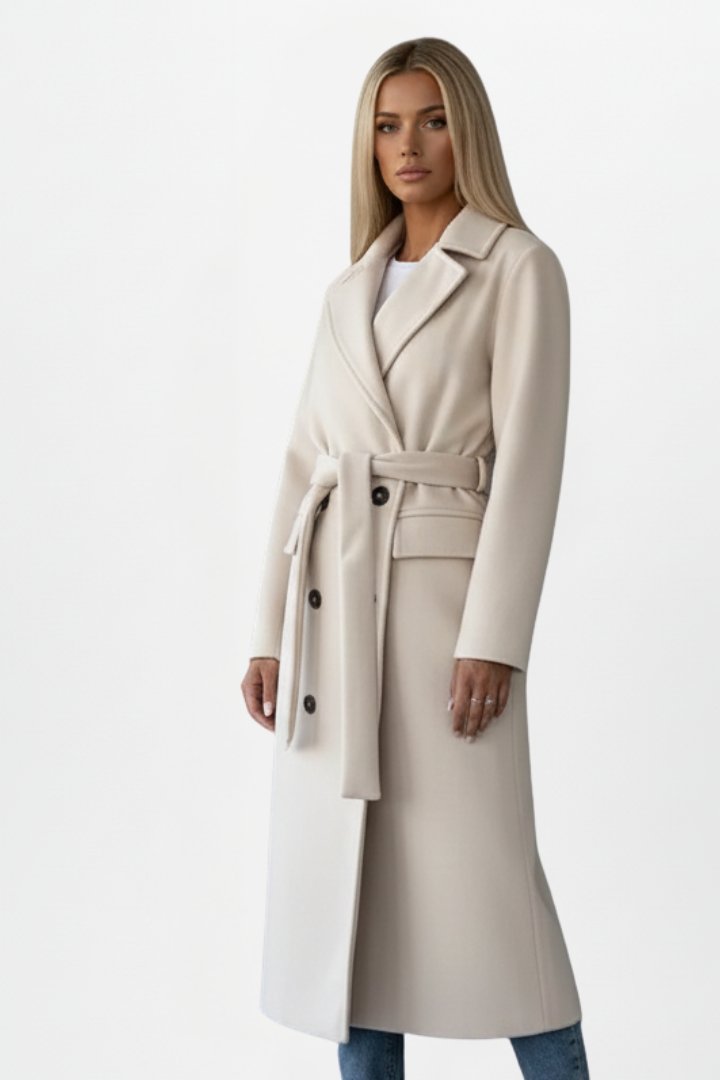 Women's Belted Double-Breasted Long Coat | Storm Flap Pocket Detail
