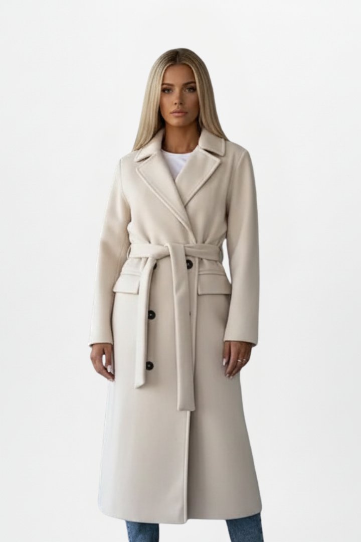 Women's Belted Double-Breasted Long Coat | Storm Flap Pocket Front