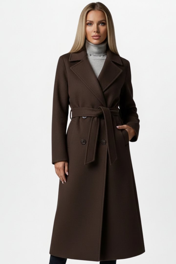 Women's Belted Double-Breasted Long Coat | Storm Flap Pocket Full