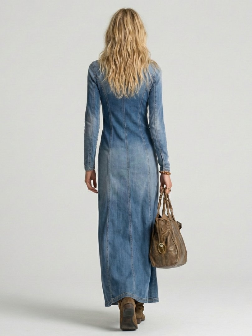 Women's Button Front Denim Maxi Dress with Slit Detail