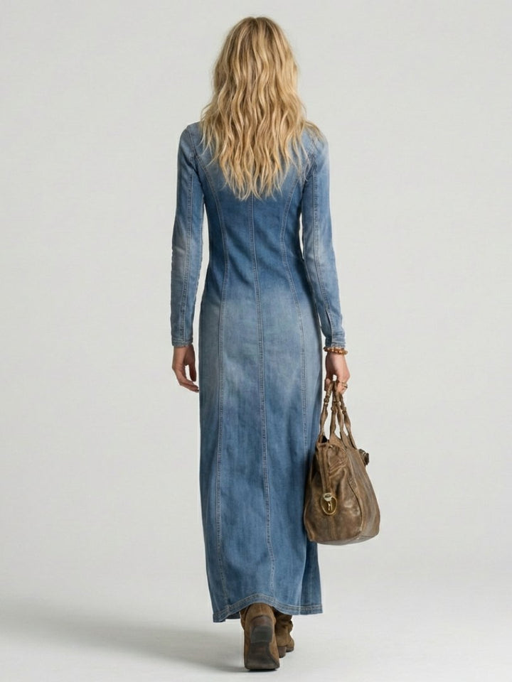 Women's Button Front Denim Maxi Dress with Slit Detail