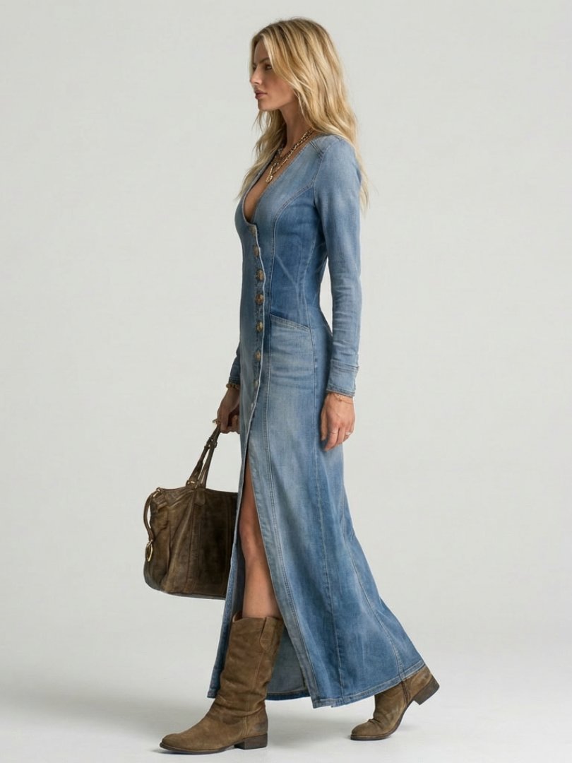 Women's Button Front Denim Maxi Dress with Slit Front