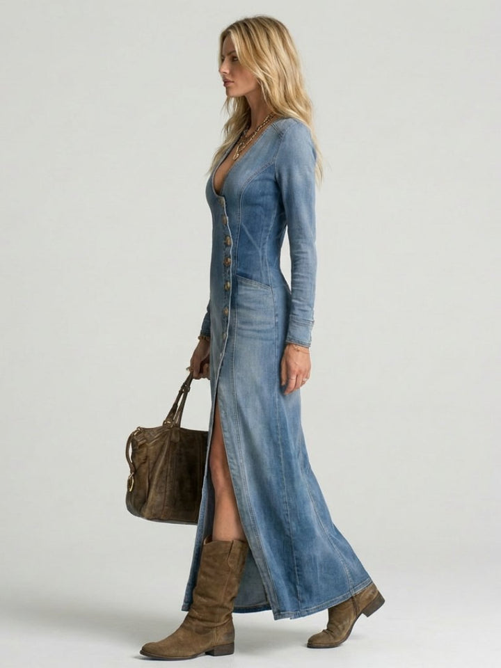 Women's Button Front Denim Maxi Dress with Slit Front