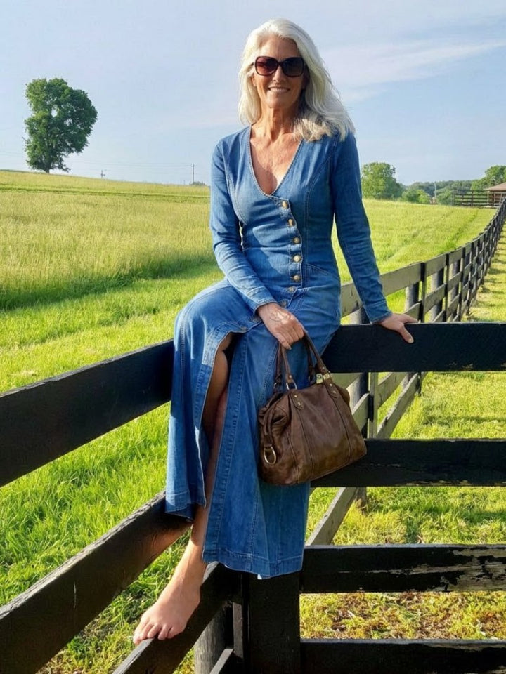 Women's Button Front Denim Maxi Dress with Slit Full