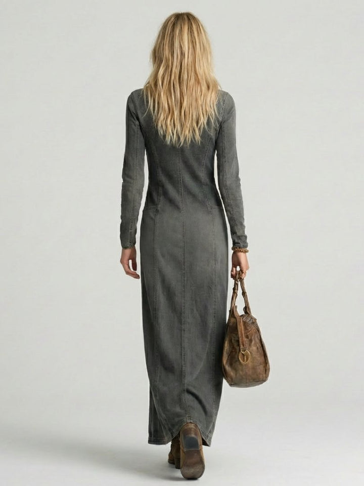 Women's Button Front Denim Maxi Dress with Slit Lifestyle