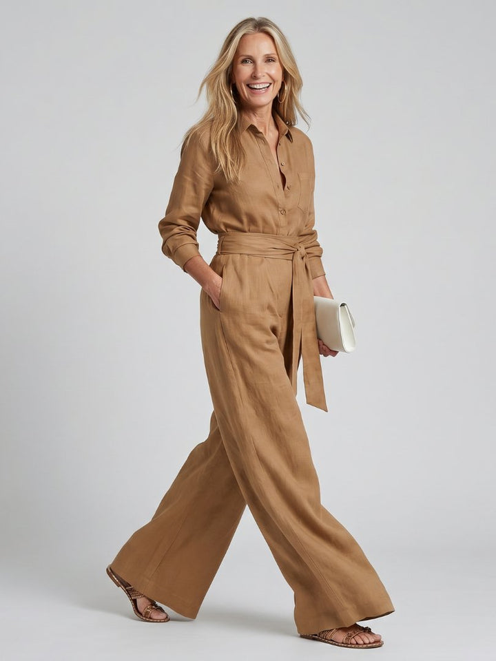 Women's Button Front Wide Leg Jumpsuit | Long Sleeve Belted Fit Alternate