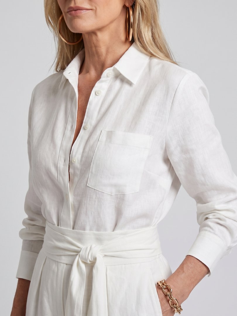 Women's Button Front Wide Leg Jumpsuit | Long Sleeve Belted Fit Angle