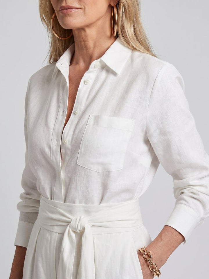 Women's Button Front Wide Leg Jumpsuit | Long Sleeve Belted Fit Angle