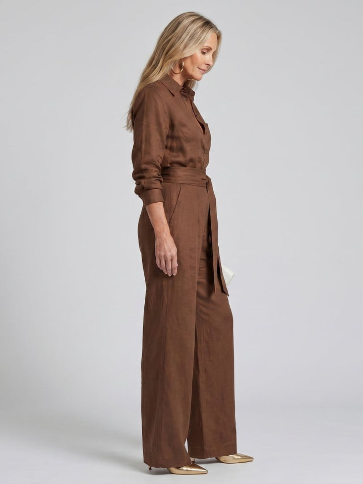 Women's Button Front Wide Leg Jumpsuit | Long Sleeve Belted Fit Detail