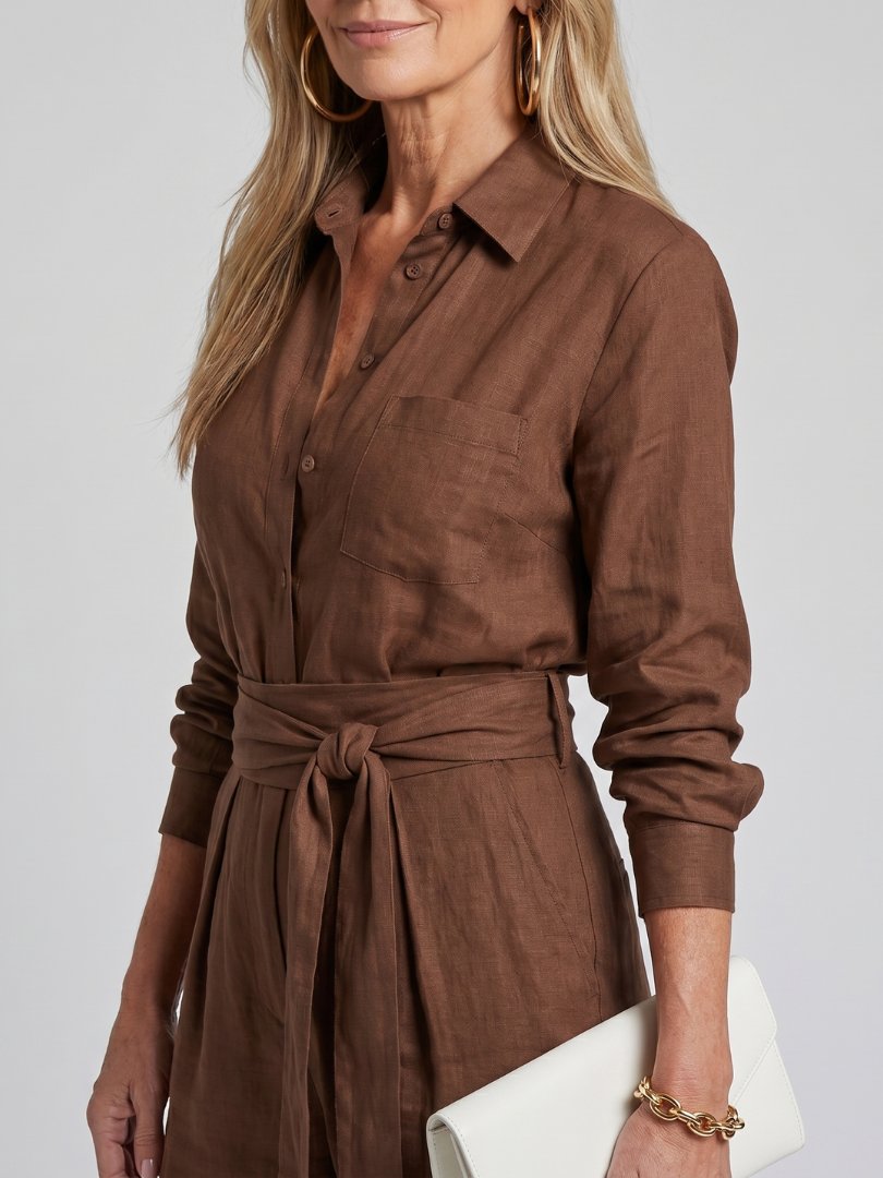 Women's Button Front Wide Leg Jumpsuit | Long Sleeve Belted Fit Front