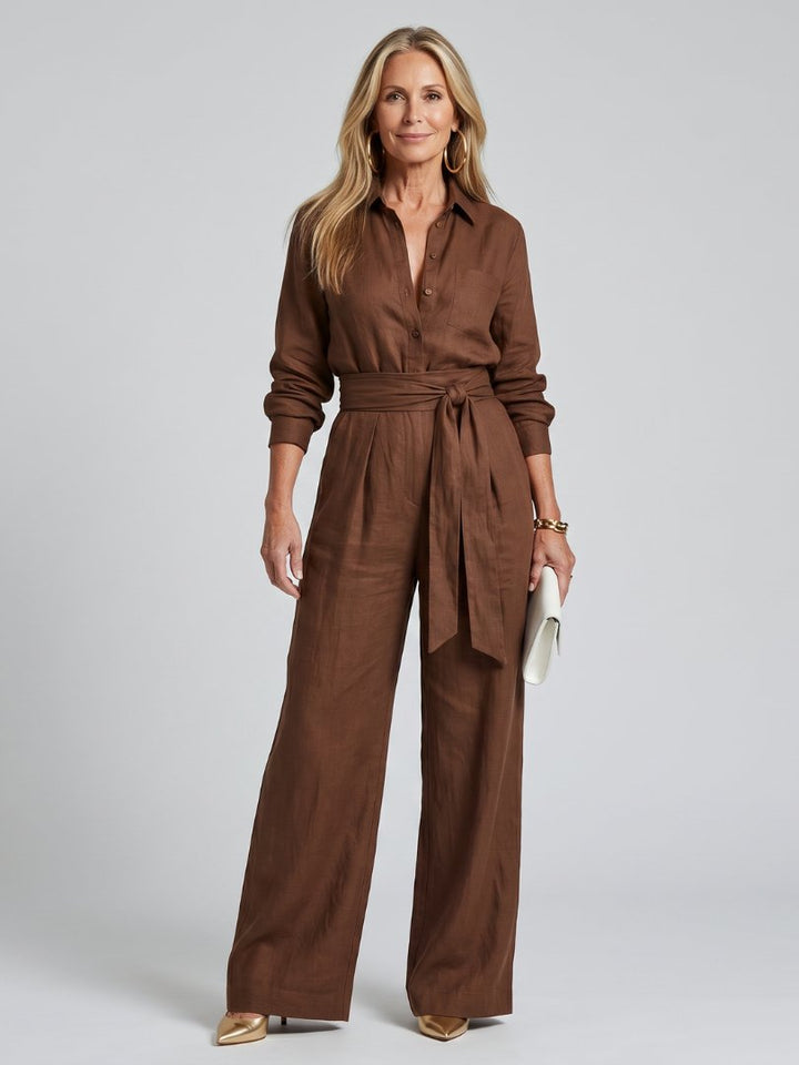 Women's Button Front Wide Leg Jumpsuit | Long Sleeve Belted Fit Hero