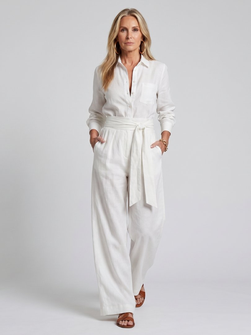 Women's Button Front Wide Leg Jumpsuit | Long Sleeve Belted Fit Lifestyle