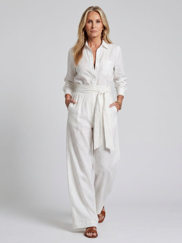 Women's Button Front Wide Leg Jumpsuit | Long Sleeve Belted Fit Lifestyle