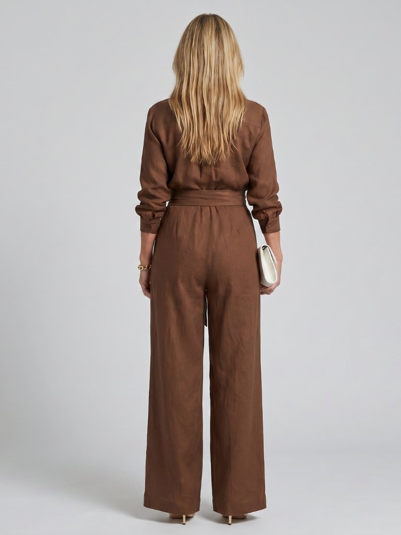 Women's Button Front Wide Leg Jumpsuit | Long Sleeve Belted Fit Side