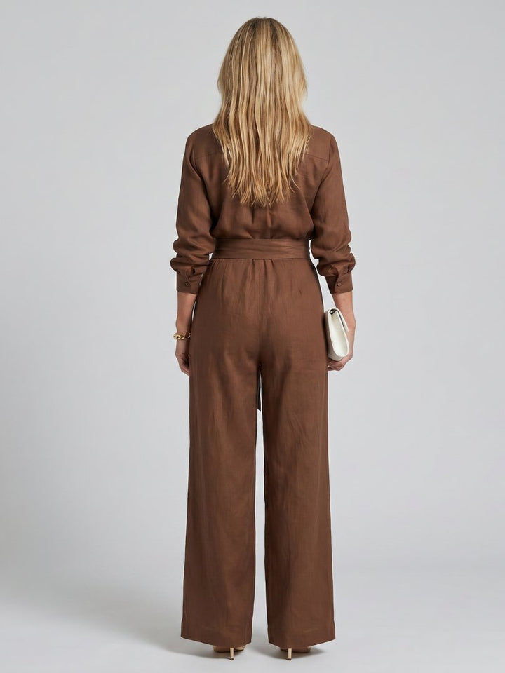 Women's Button Front Wide Leg Jumpsuit | Long Sleeve Belted Fit Side