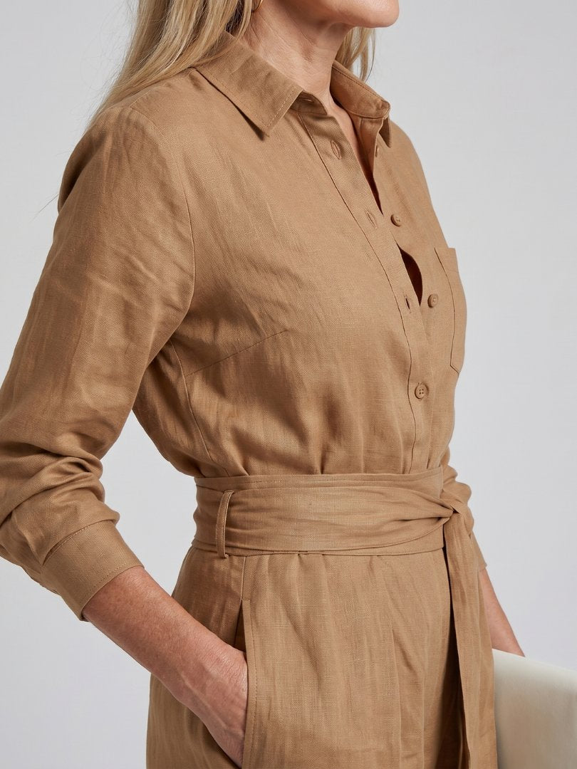 Women's Button Front Wide Leg Jumpsuit | Long Sleeve Belted Fit View 11
