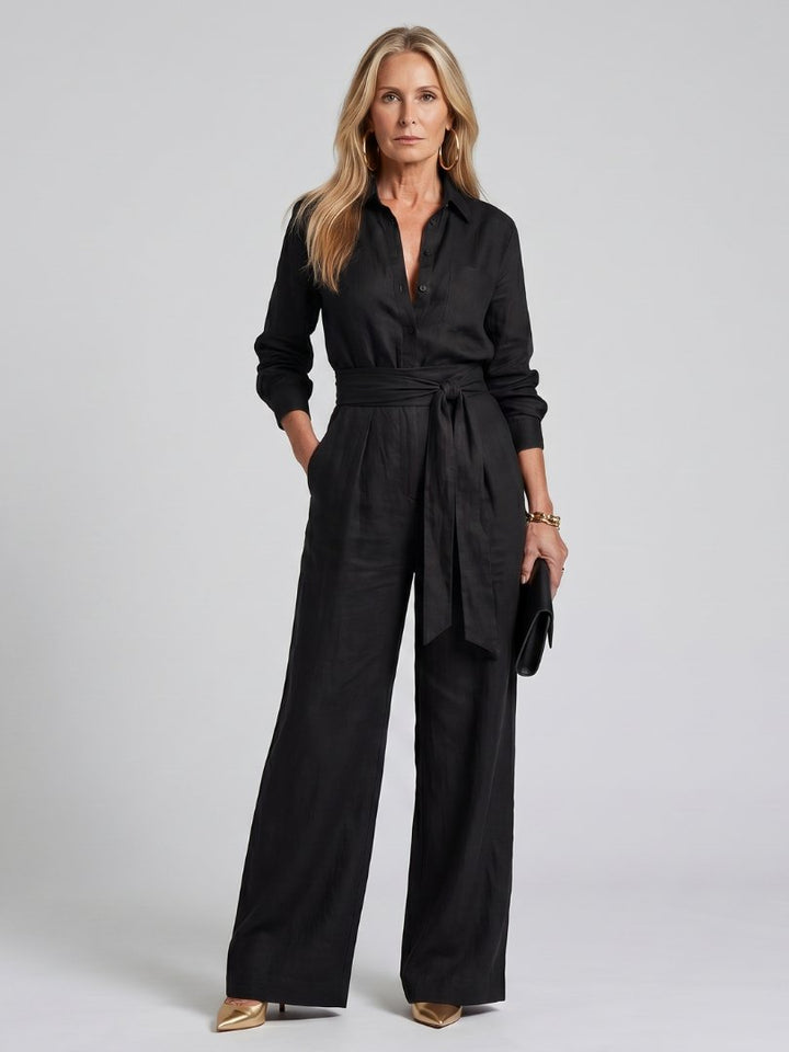 Women's Button Front Wide Leg Jumpsuit | Long Sleeve Belted Fit View 12