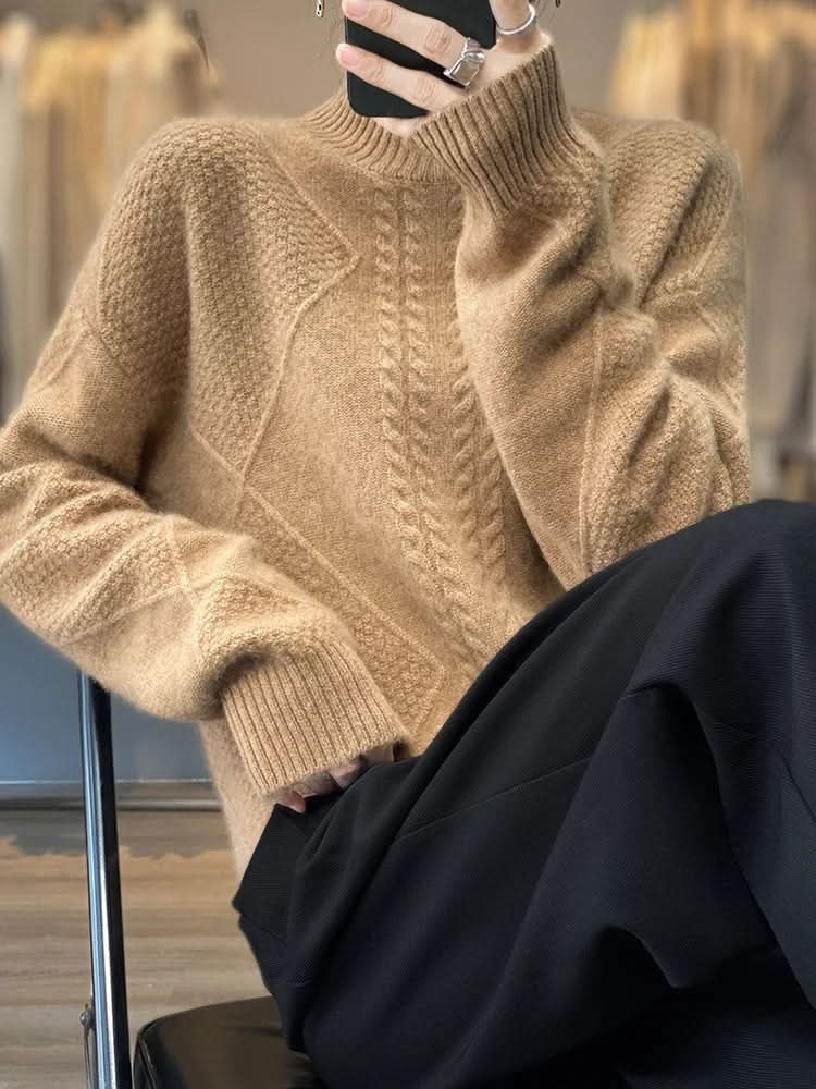 Women's Cable Panel Turtleneck Sweater | Soft Knit Classic Fit Angle
