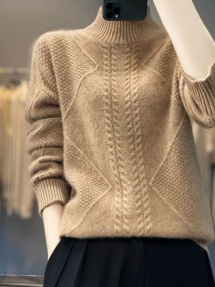 Women's Cable Panel Turtleneck Sweater | Soft Knit Classic Fit Side
