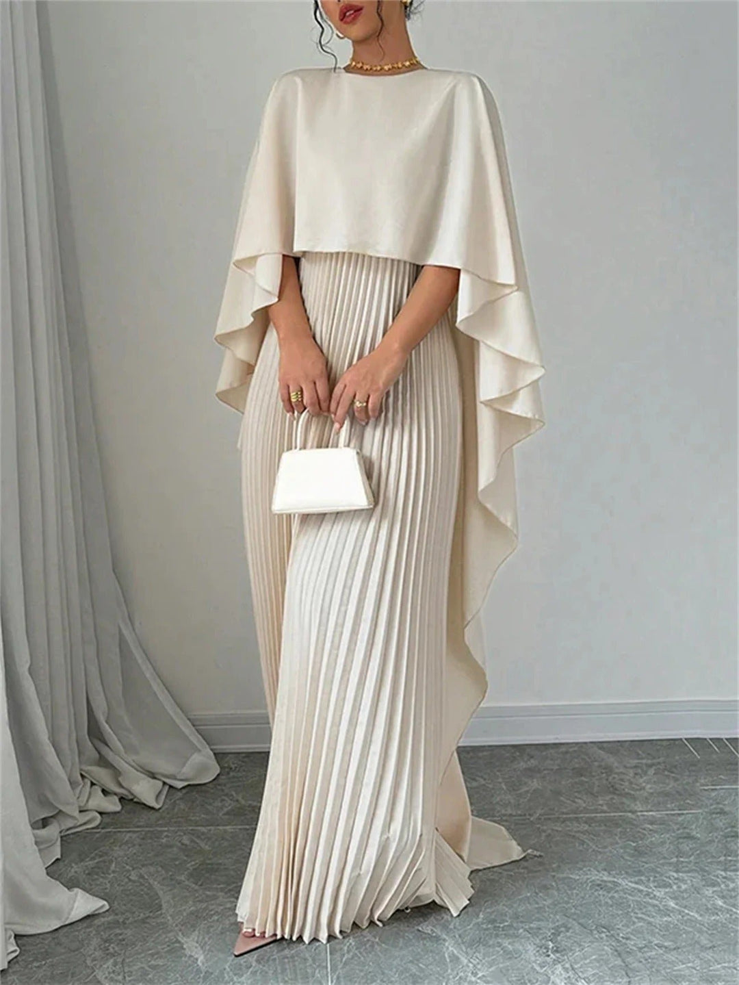 Women's Cape Maxi Dress | Pleated Wedding Guest Overlay Detail