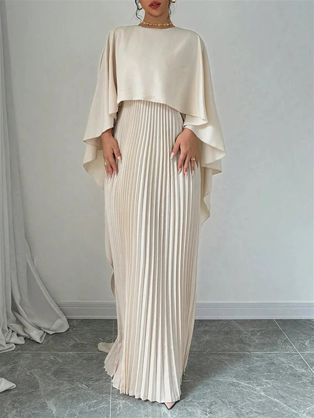Women's Cape Maxi Dress | Pleated Wedding Guest Overlay Hero