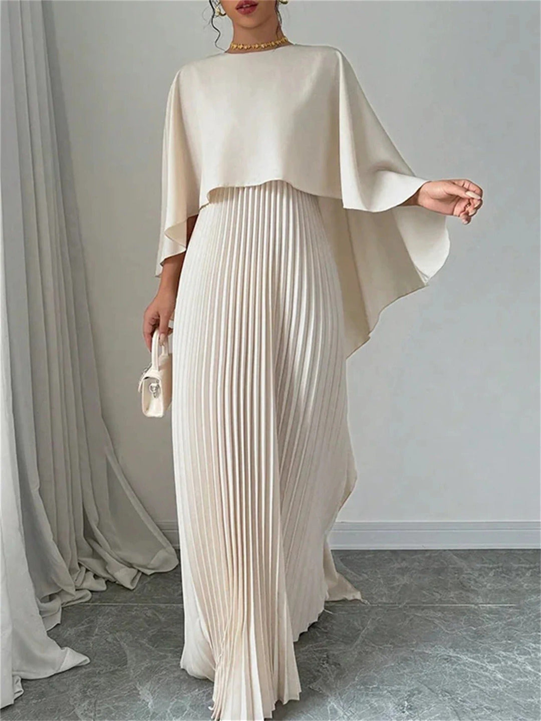 Women's Cape Maxi Dress | Pleated Wedding Guest Overlay Side
