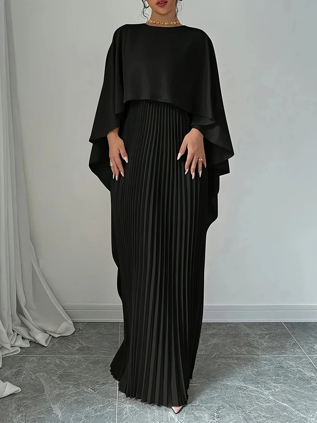 Women's Cape Maxi Dress | Pleated Wedding Guest Overlay View 11