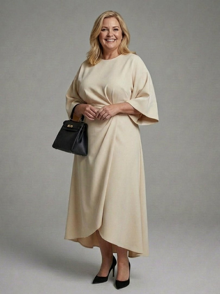 Women's Cape Sleeve Midi Dress | Asymmetric Hem Waist Detail Angle