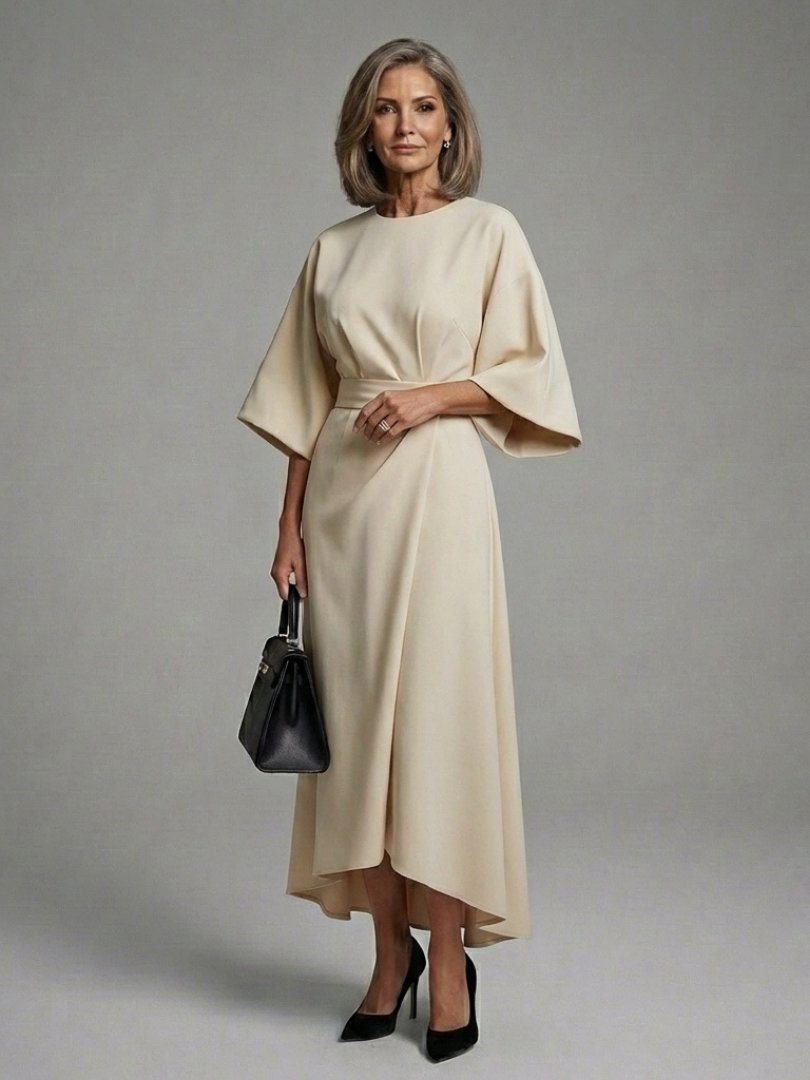 Women's Cape Sleeve Midi Dress | Asymmetric Hem Waist Detail Close Up