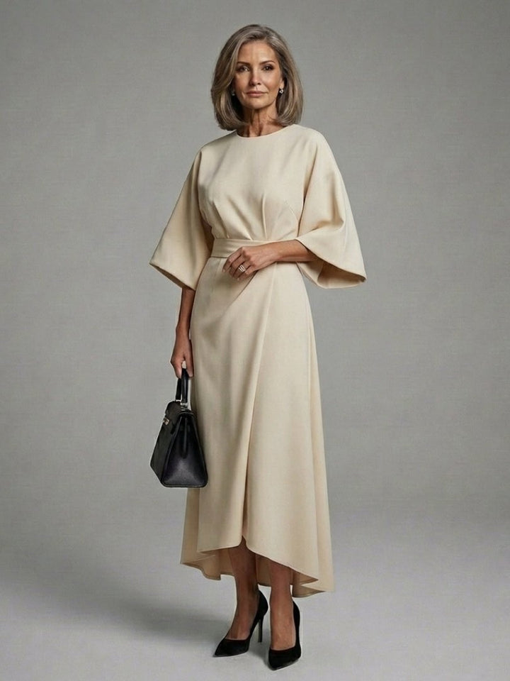 Women's Cape Sleeve Midi Dress | Asymmetric Hem Waist Detail Close Up