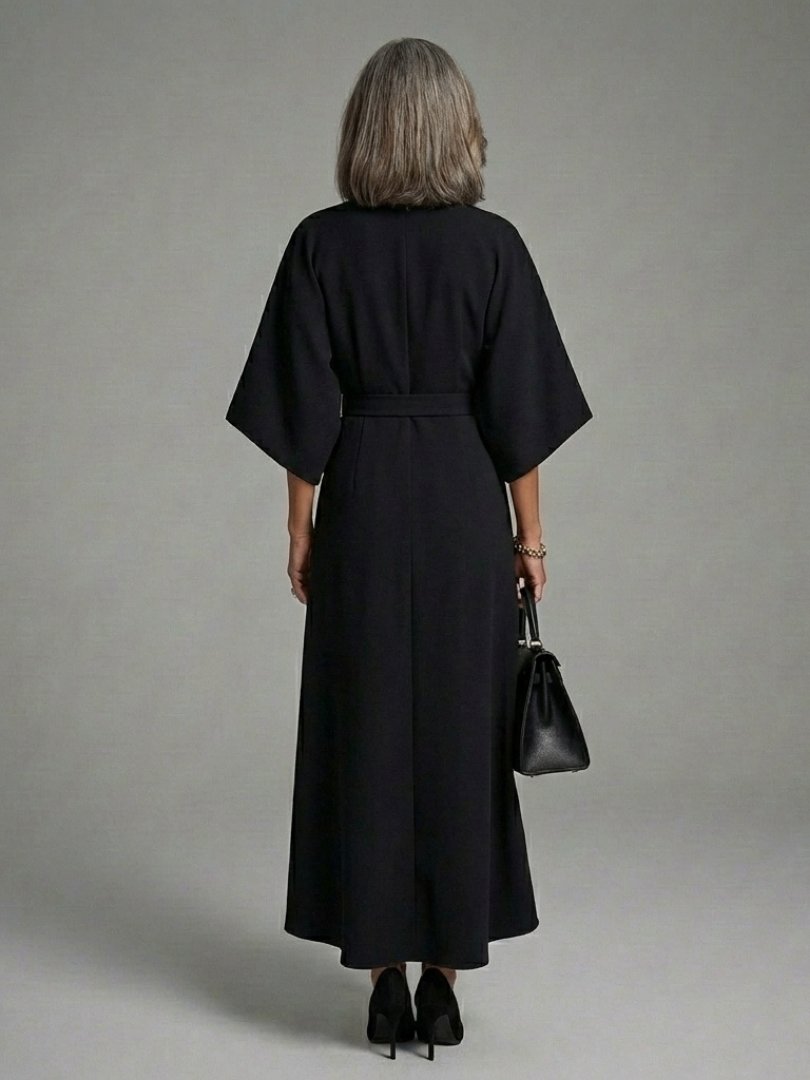 Women's Cape Sleeve Midi Dress | Asymmetric Hem Waist Detail Front