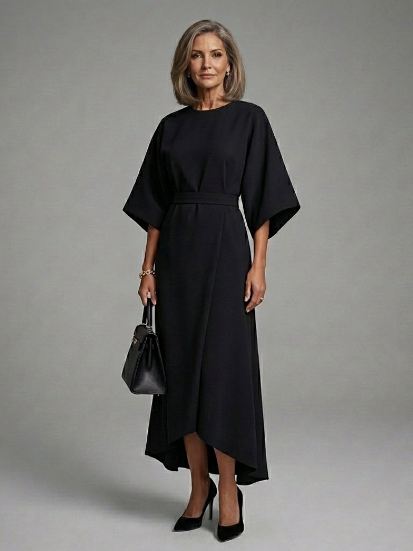Women's Cape Sleeve Midi Dress | Asymmetric Hem Waist Detail Hero
