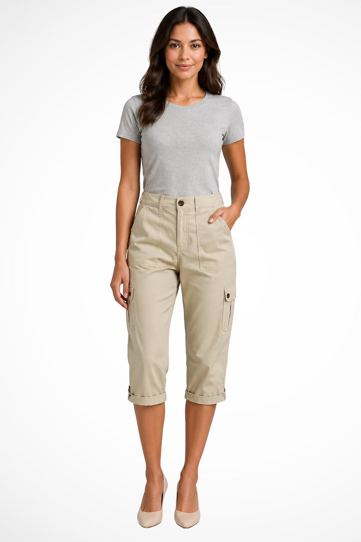 Women's Cargo Cropped Trousers | Relaxed Fit with Roll Up Hem Angle