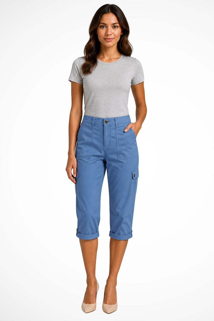 Women's Cargo Cropped Trousers | Relaxed Fit with Roll Up Hem Back