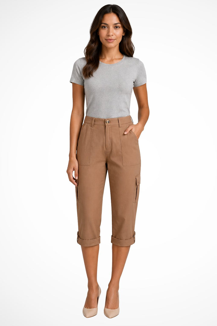 Women's Cargo Cropped Trousers | Relaxed Fit with Roll Up Hem Close Up