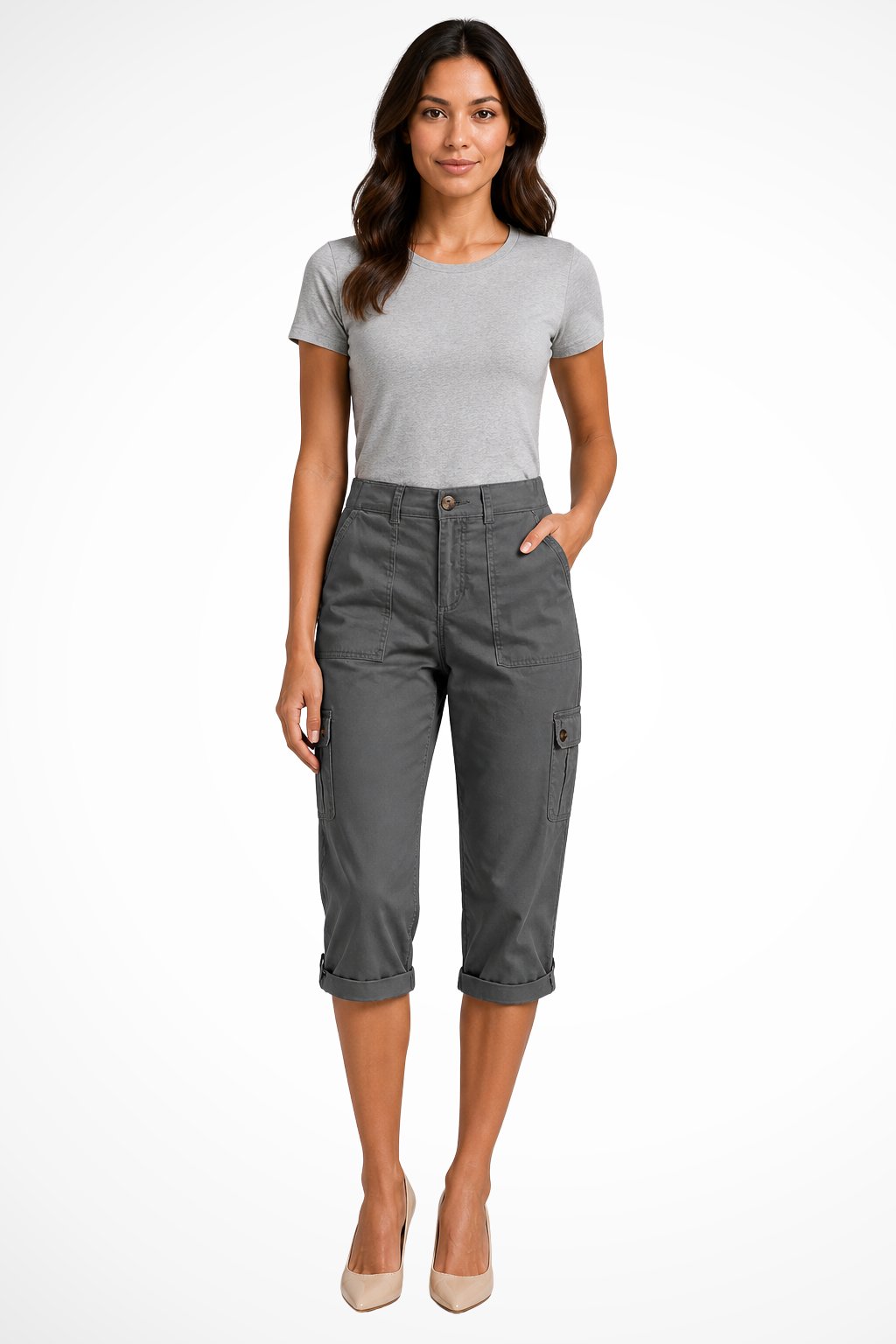 Women's Cargo Cropped Trousers | Relaxed Fit with Roll Up Hem Detail