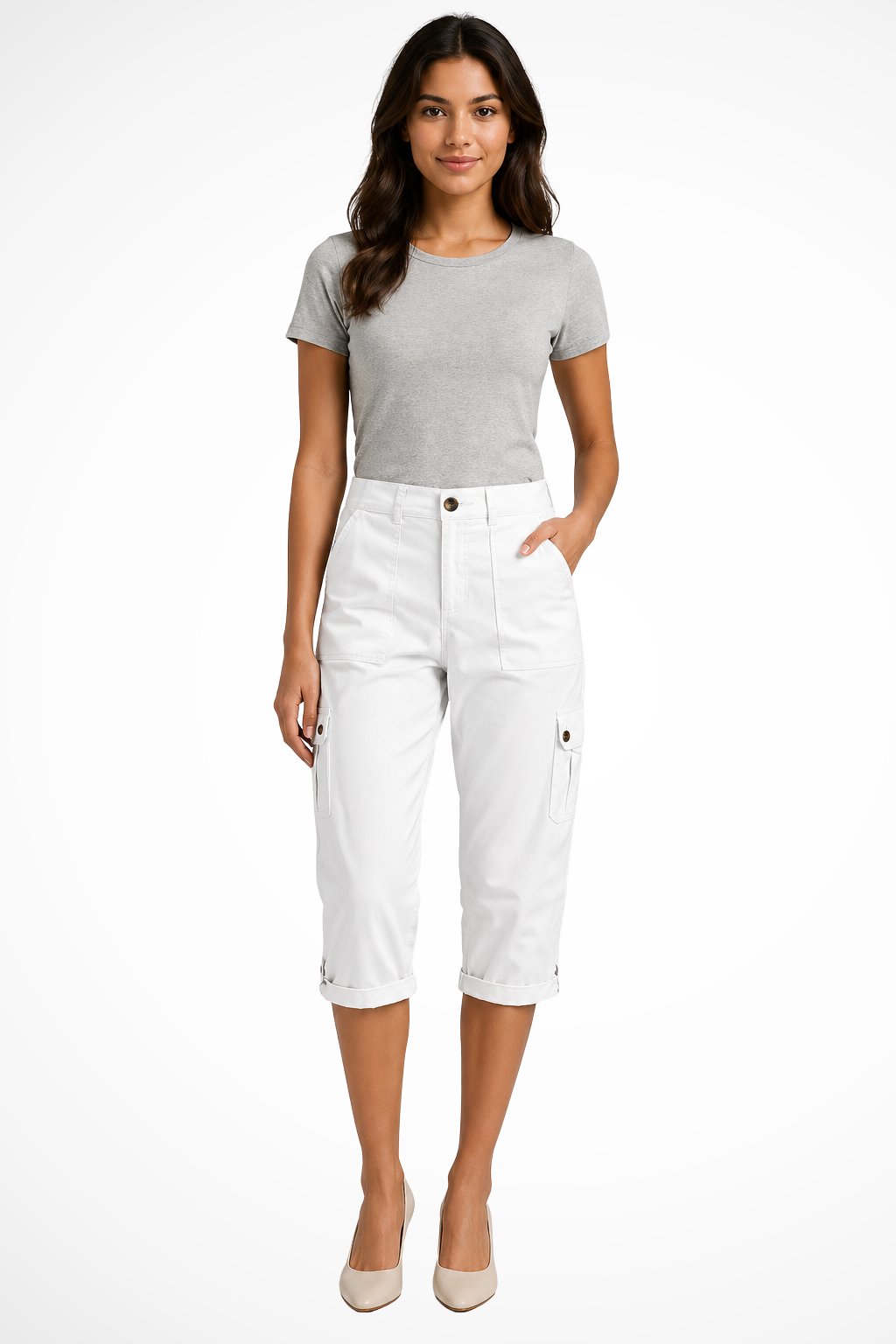 Women's Cargo Cropped Trousers | Relaxed Fit with Roll Up Hem Front