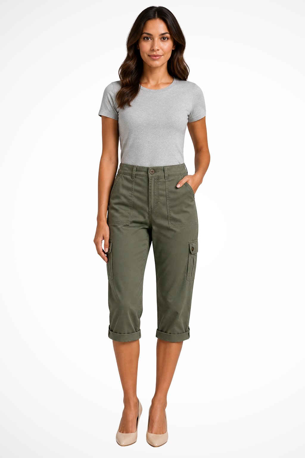 Women's Cargo Cropped Trousers | Relaxed Fit with Roll Up Hem Side