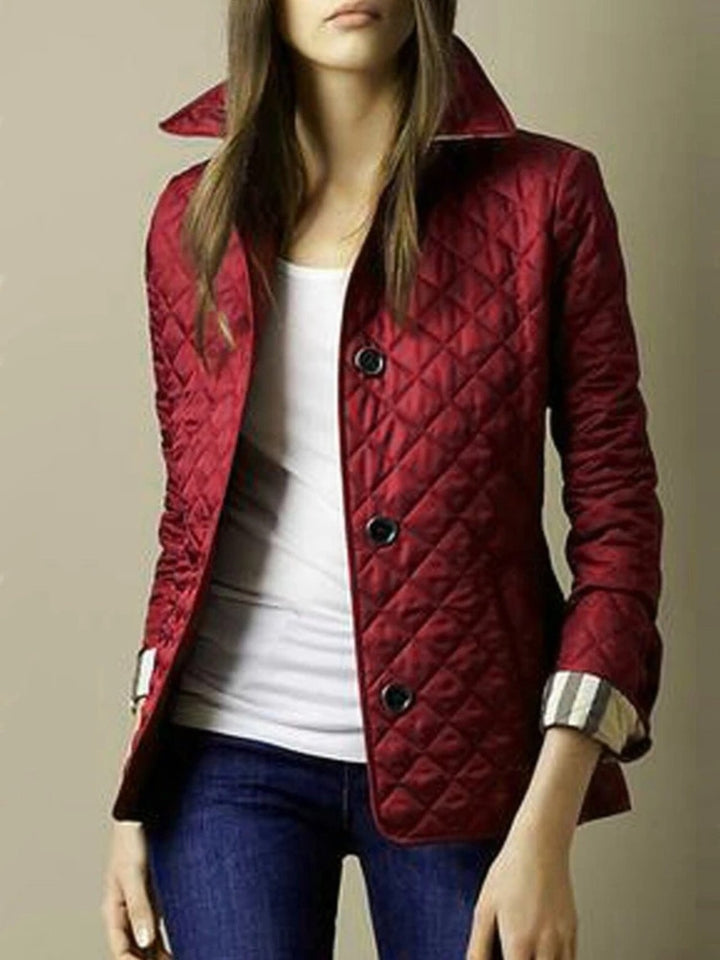 Women's Casual Quilted Jacket | Diamond Pattern with Turned-Down Collar Angle