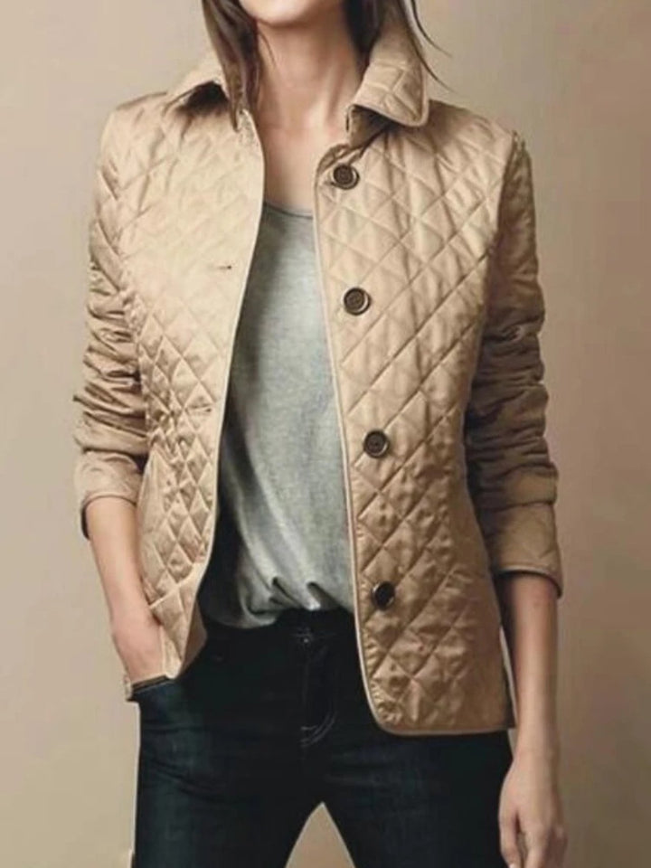 Women's Casual Quilted Jacket | Diamond Pattern with Turned-Down Collar Back