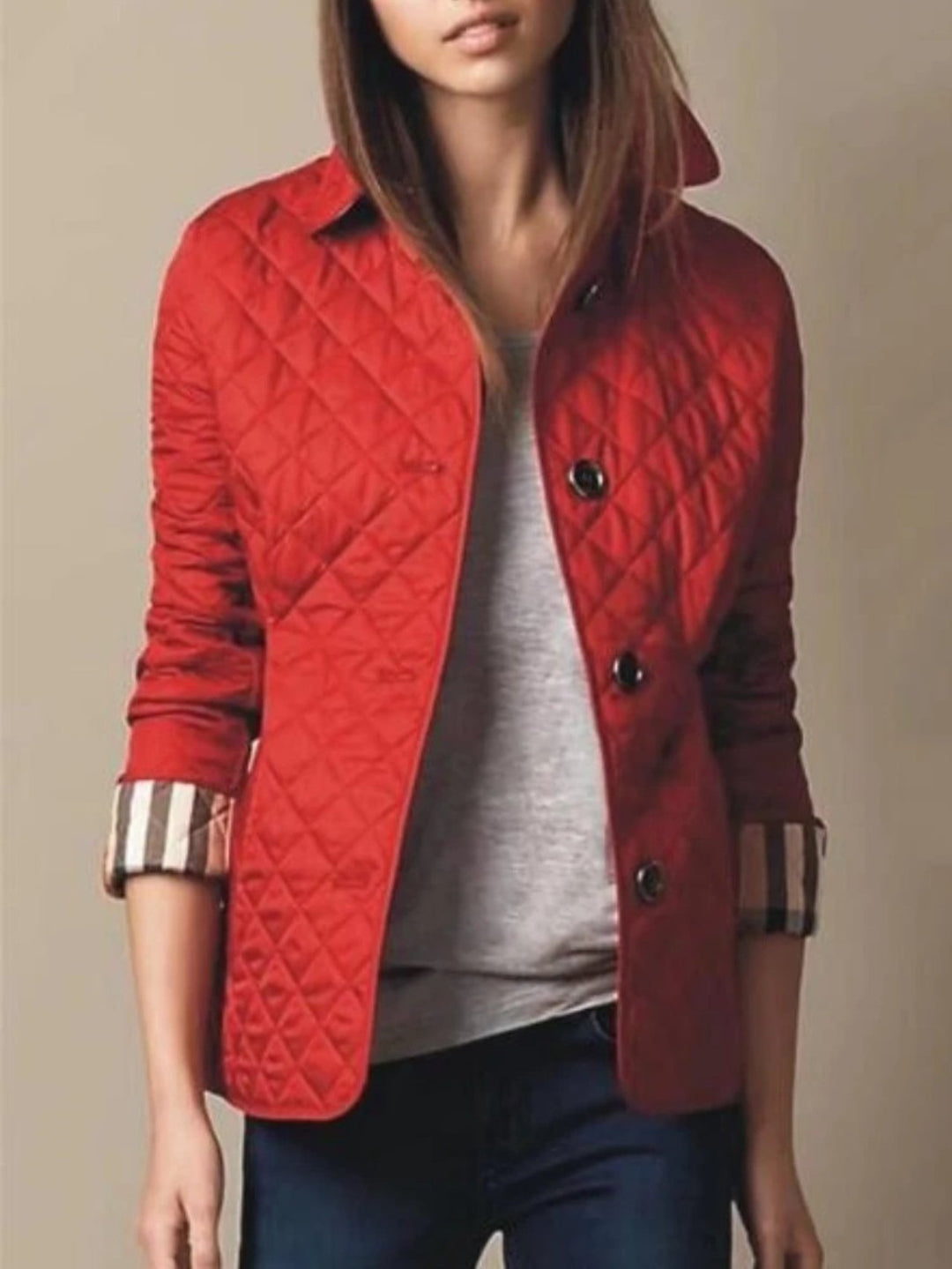Women's Casual Quilted Jacket | Diamond Pattern with Turned-Down Collar Close Up