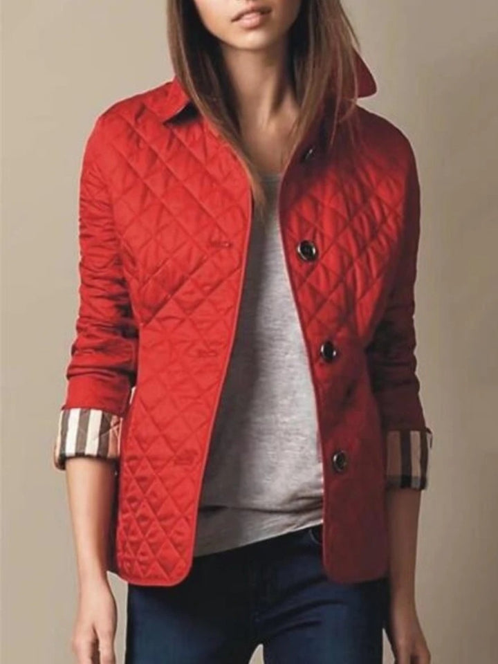 Women's Casual Quilted Jacket | Diamond Pattern with Turned-Down Collar Close Up